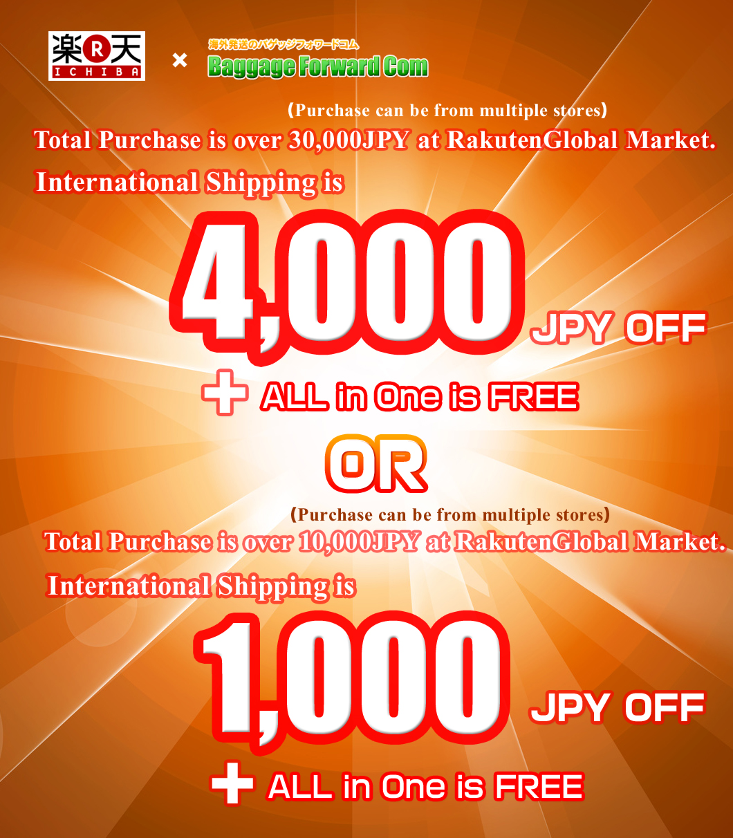 [Duration of the campaign] From 20 Nov. 2015, 20:00PM to 24 Nov. 2015, 23:59PM (JST) TIE-UP CAMPAIGN with GLOBAL RAKUTEN MARKET Purchase over 20,000JPY at GLOBAL RAKUTEN MARKETAnd use BaggageForward service.