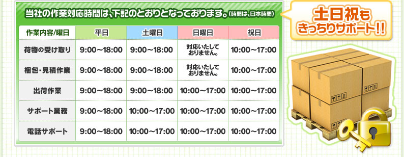 当社の作業対応時間は、下記のとおりとなっております。（時間は、日本時間）